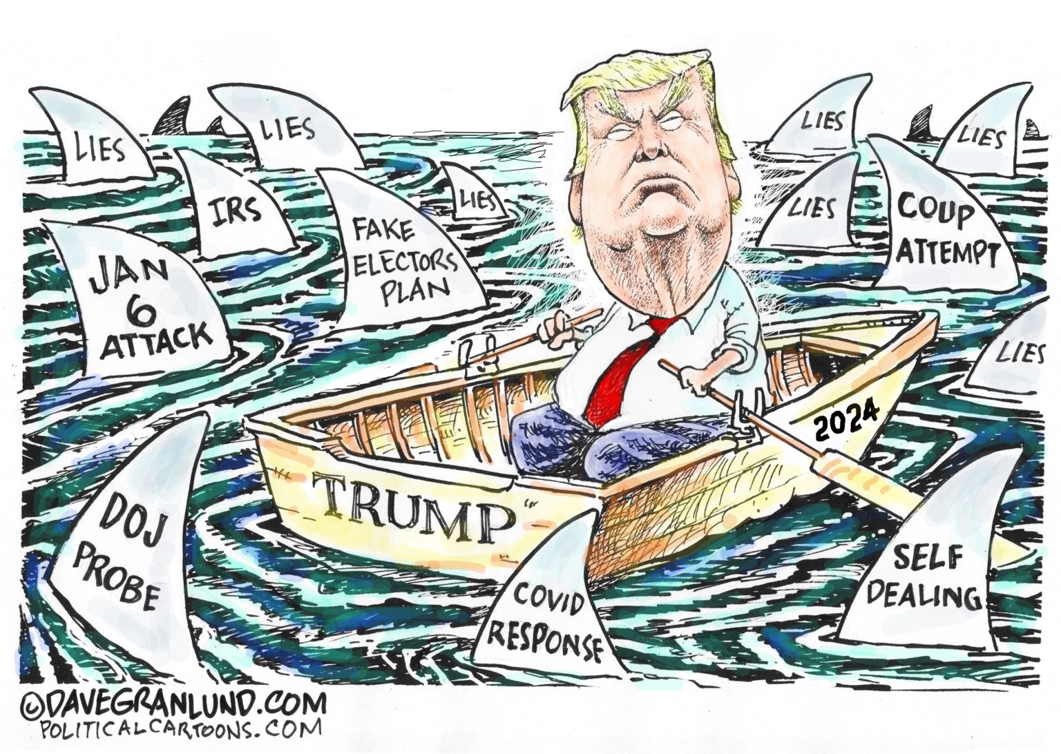 Trump and sharks - Political Cartoon