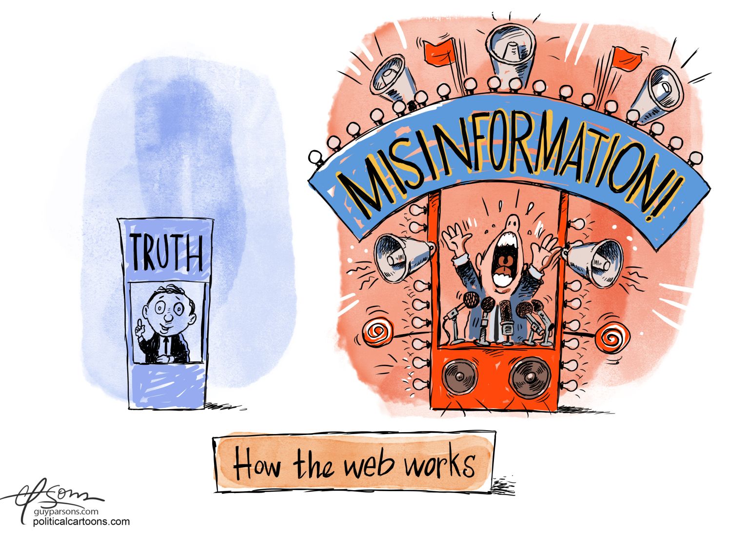 Misinformation vs Truth - newsjustin.press - editorial cartoon