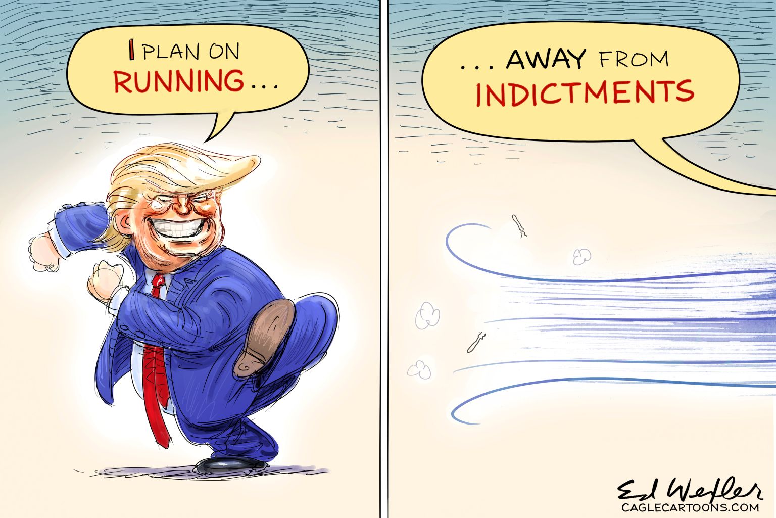 Trump Running From Indictments - newsjustin.press - editorial cartoon