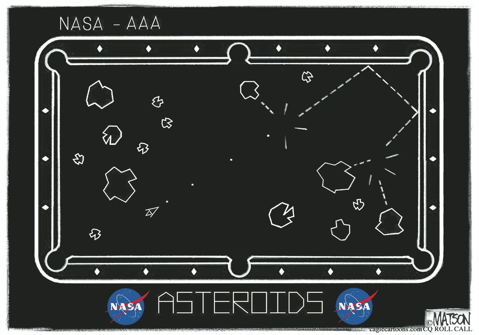 NASA Asteroid Deflection Bank Shot - newsjustin.press - editorial cartoon