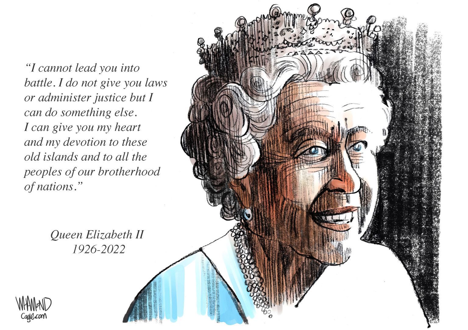 Queen Elizabeth dead at age 96 - newsjustin.press - editorial cartoon