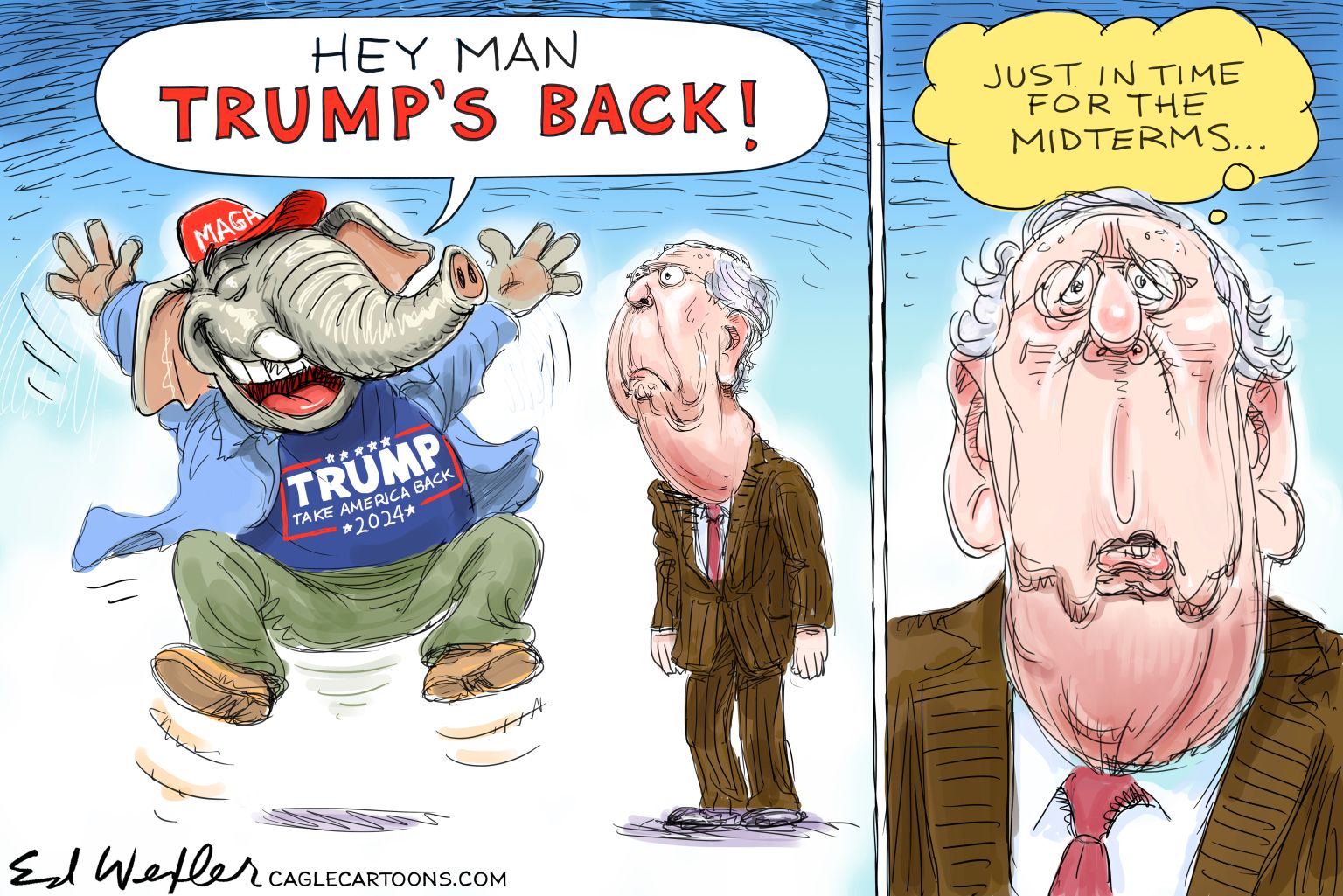 Trump Back For Midterms - newsjustin.press - editorial cartoon