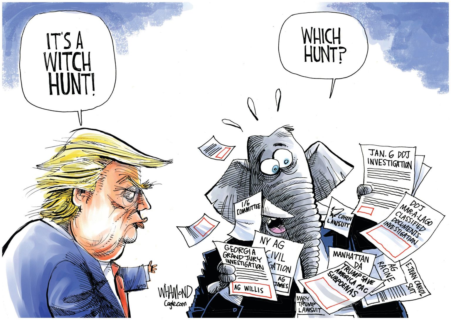 Trump's multiple investigations - newsjustin.press - editorial cartoon