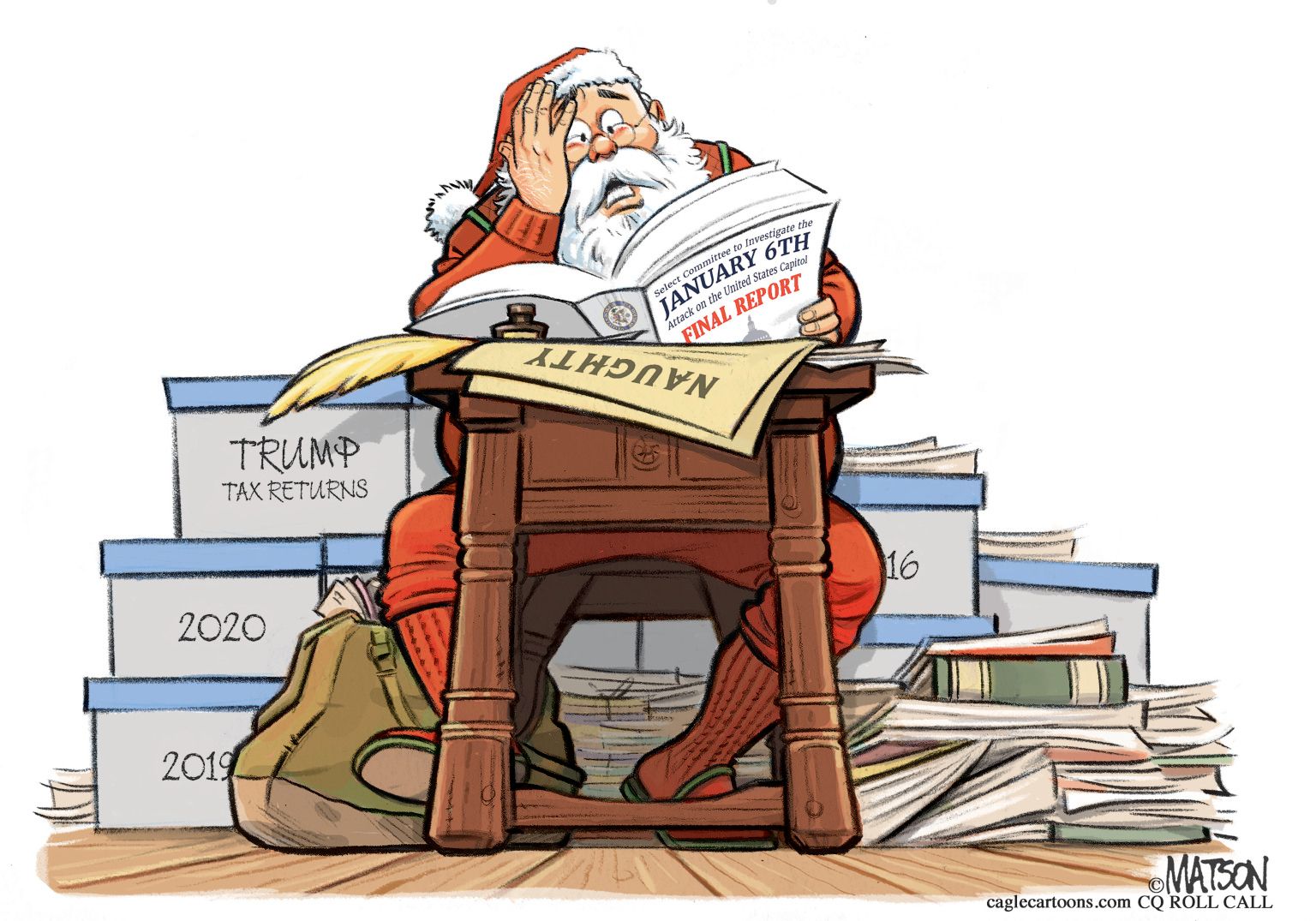 Santa Reads January 6th Committee Report - newsjustin.press editorial political cartoon