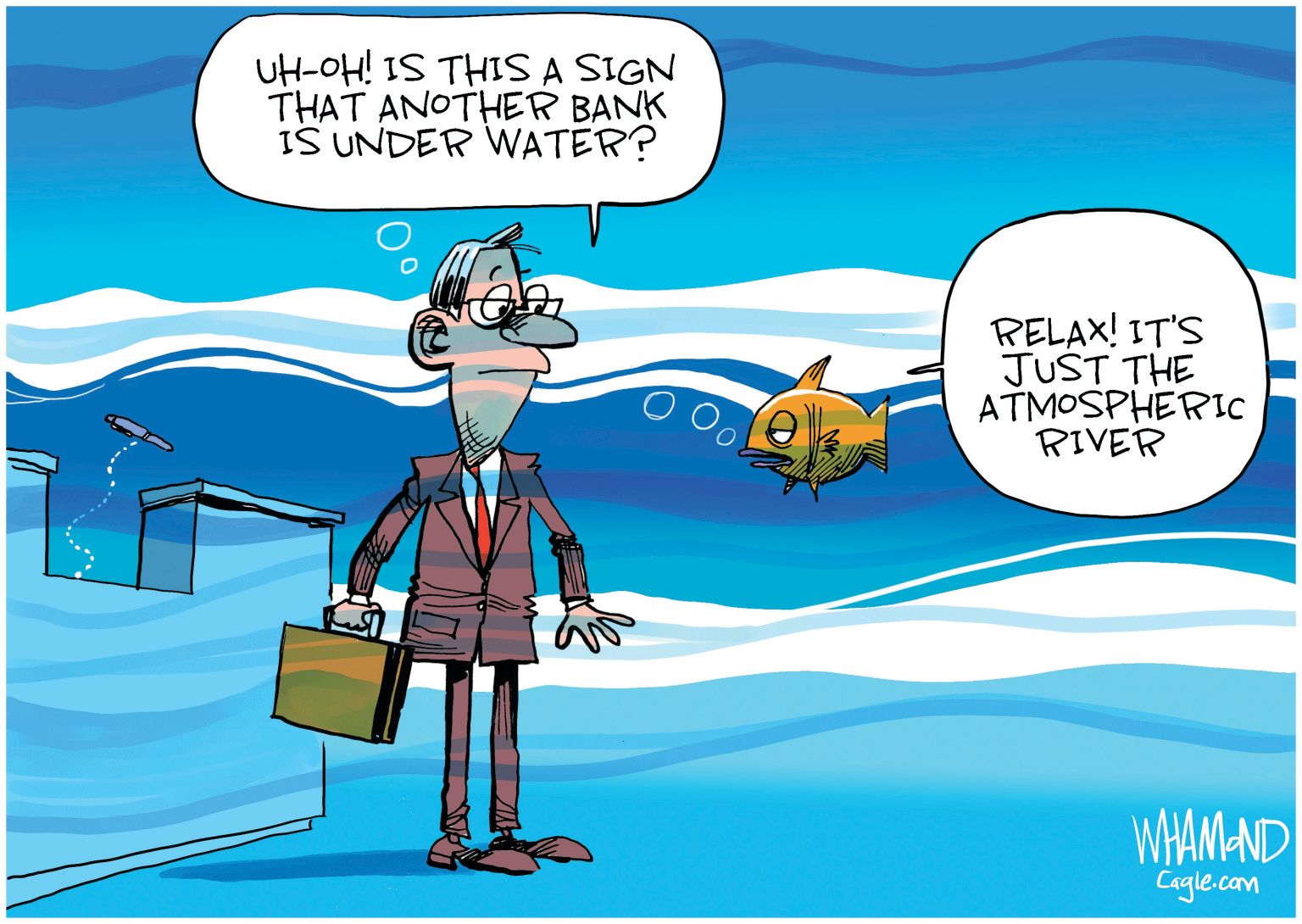newsjustin.press - Banks Under Water - editorial political cartoon