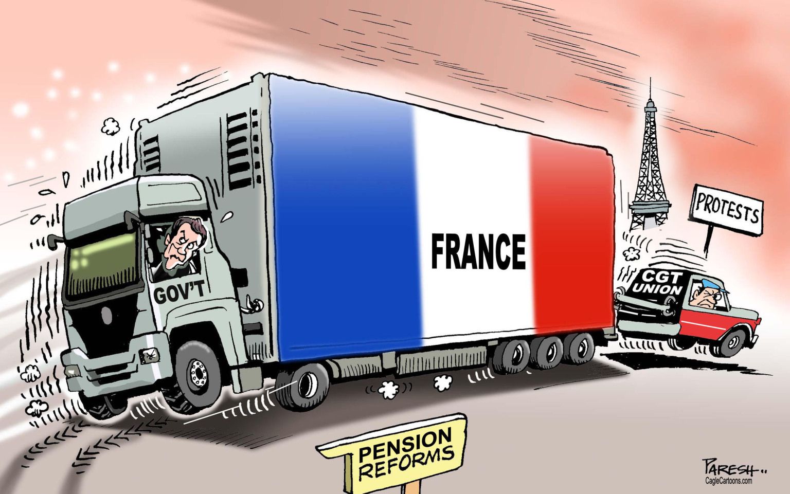 newsjustin.press - French pension protests - editorial political cartoon