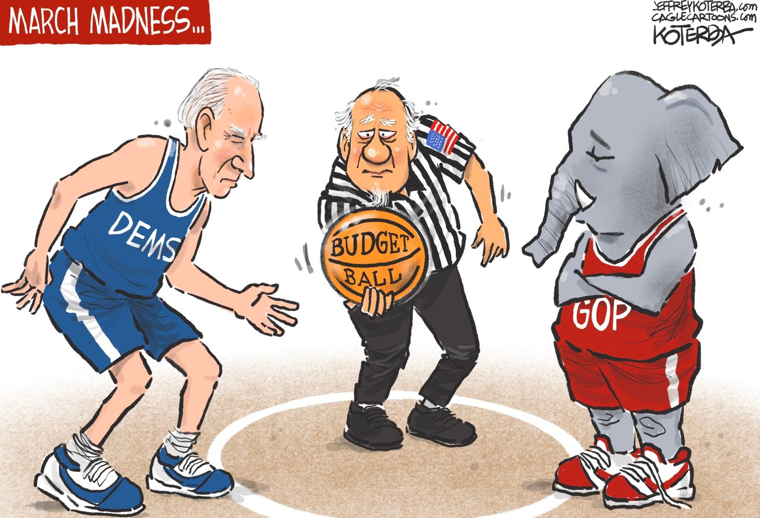 March Madness Biden and the Budget - newsjustin.press - editorial cartoon