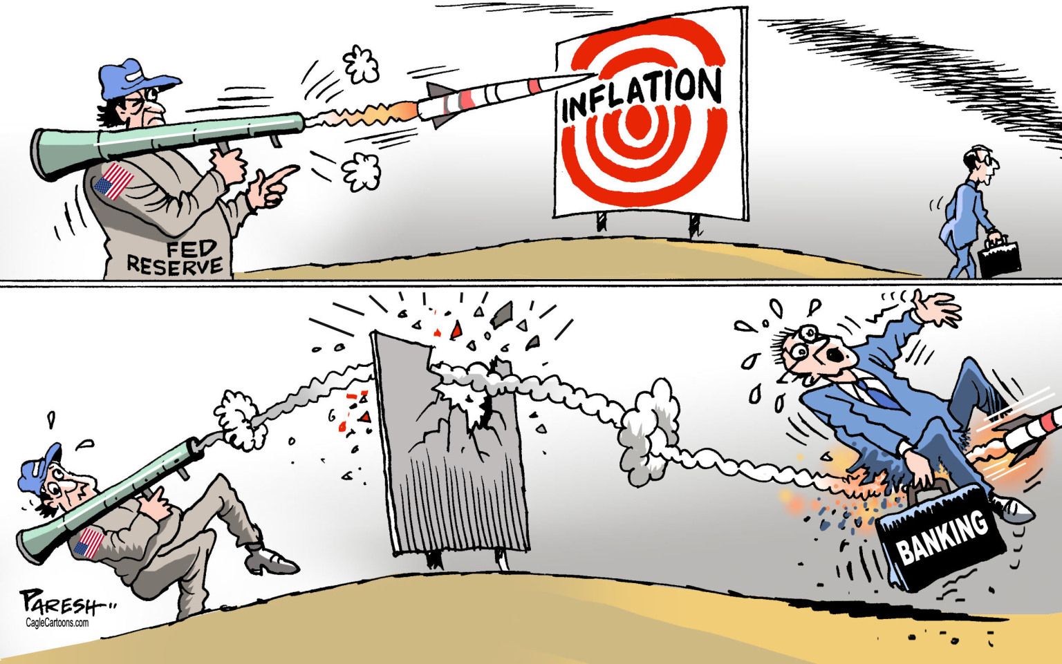 newsjustin.press - US inflation and banking - editorial political cartoon