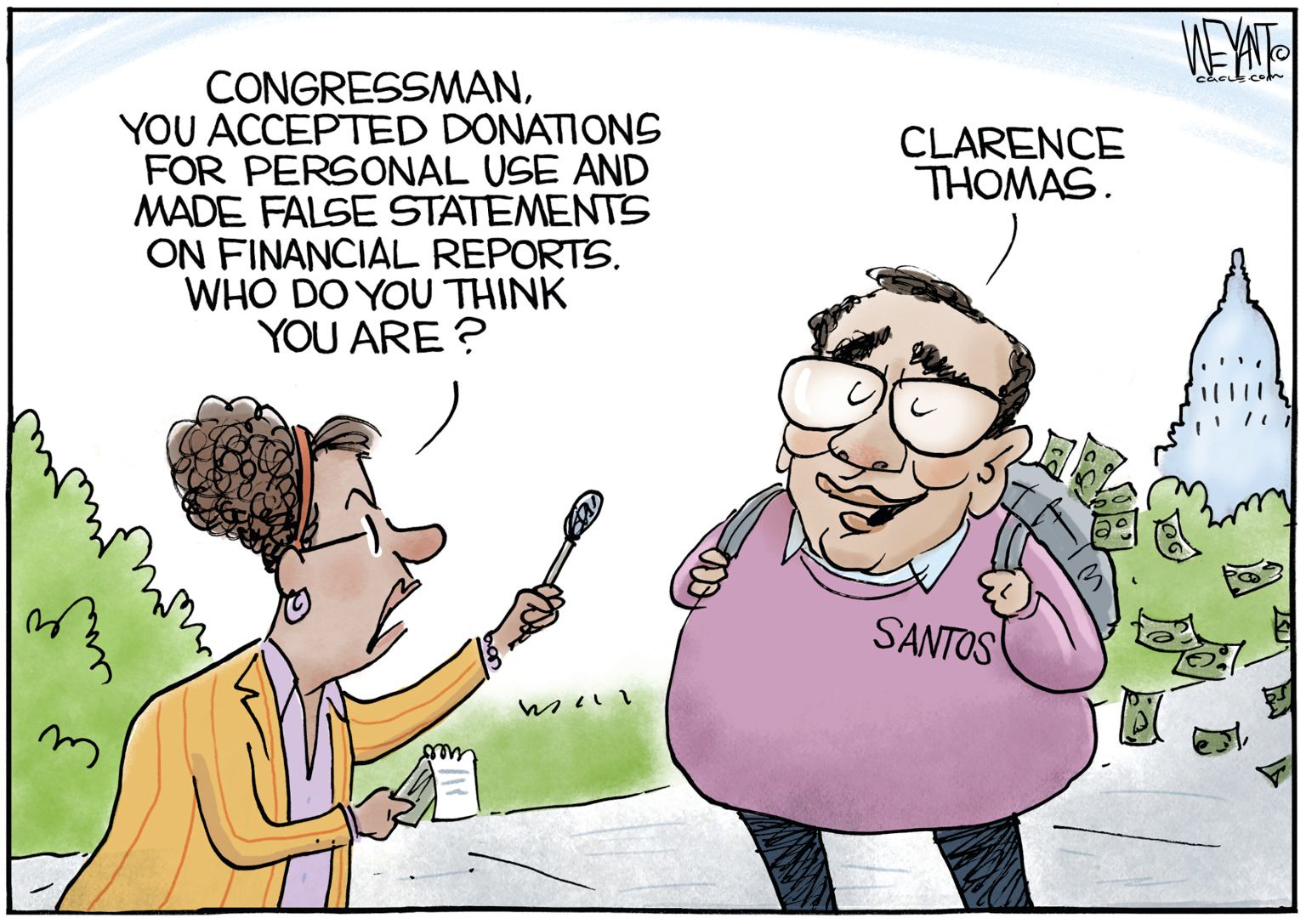 newsjustin.press - editorial political cartoon - Santos and Clarence