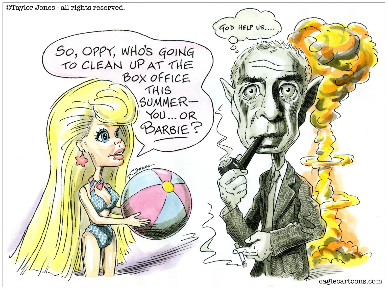 Barbie versus Oppenheimer - newsjustin.press - political cartoon